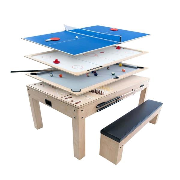 7-in-1 games table and storage bench in oak, featuring multiple game surfaces, sleek design, and a comfortable black bench seat