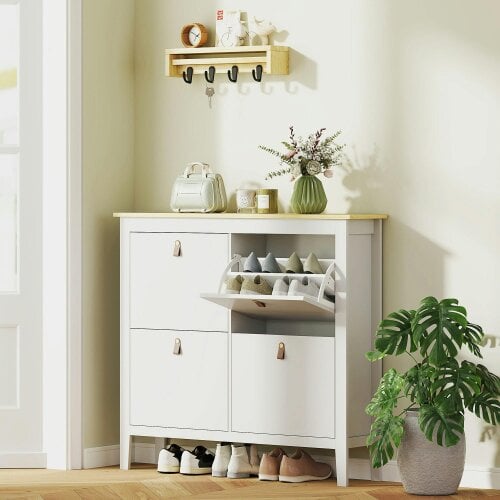 Wyld Haus Milese Wooden White and Natural Modern 4 Drawer Shoe Cabinet Faux Leather Handles