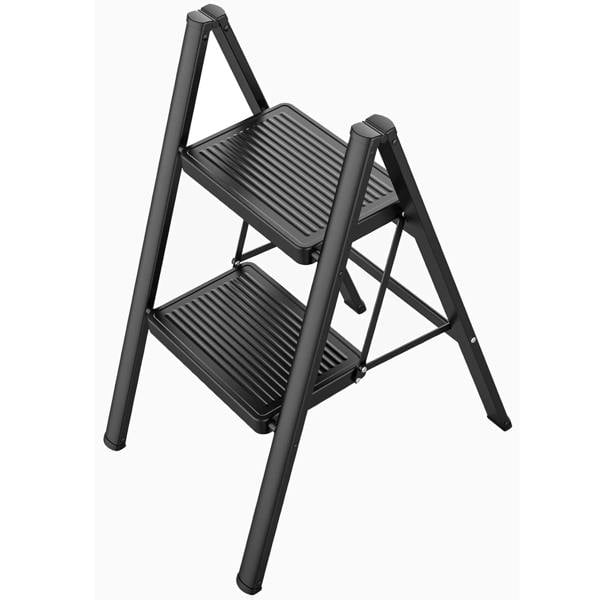 Gr8 Home 2 Step Ladder Black Folding Stool Non Slip Heavy Duty Carbon Steel Lightweight