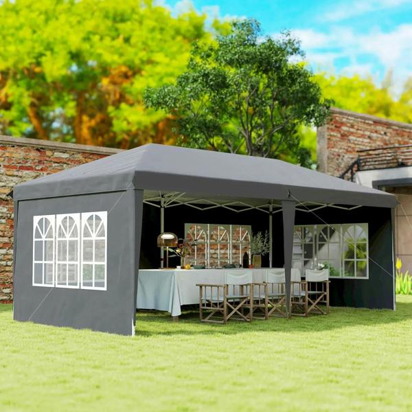 Grey pop-up gazebo with removable walls and white window panels; covered outdoor table area