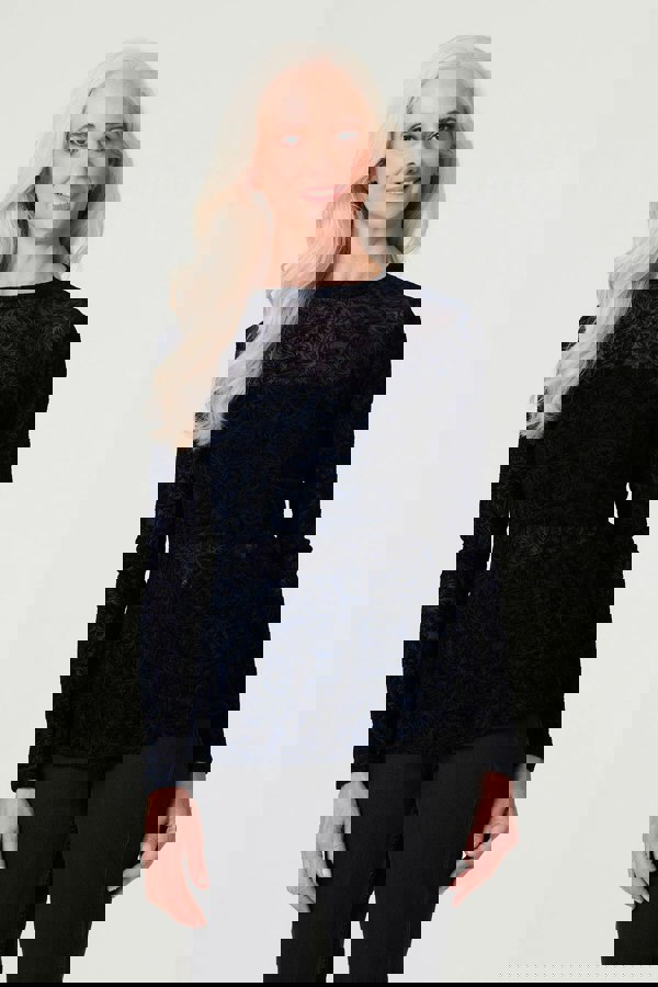 Navy | Sheer Lace Long Sleeve Peplum Top