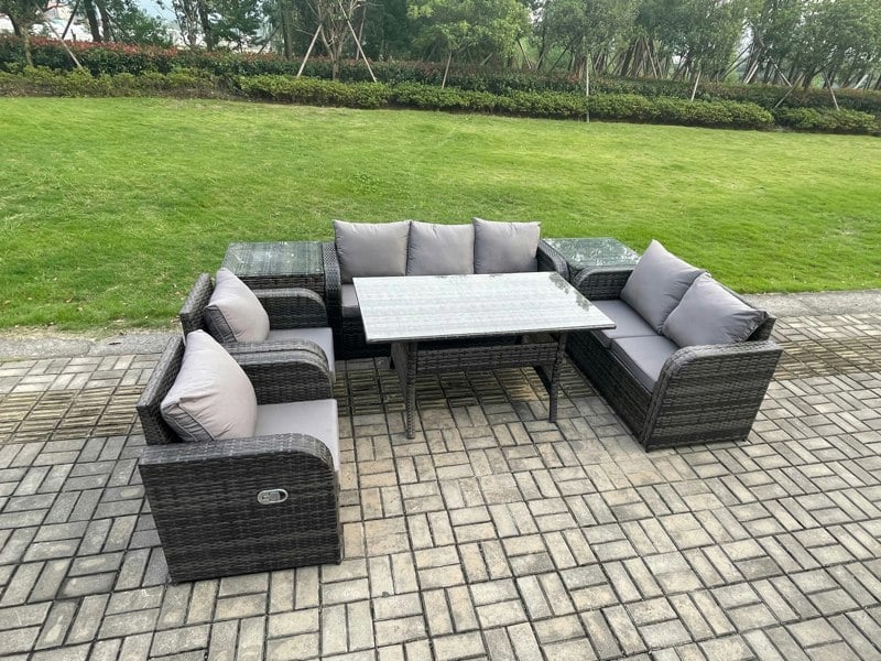 Fimous 7 Seater Dark Grey Rattan Outdoor Dining Set - Reclining Chair, Loveseat, 2-Seater Sofa & Rectangular Dining Table