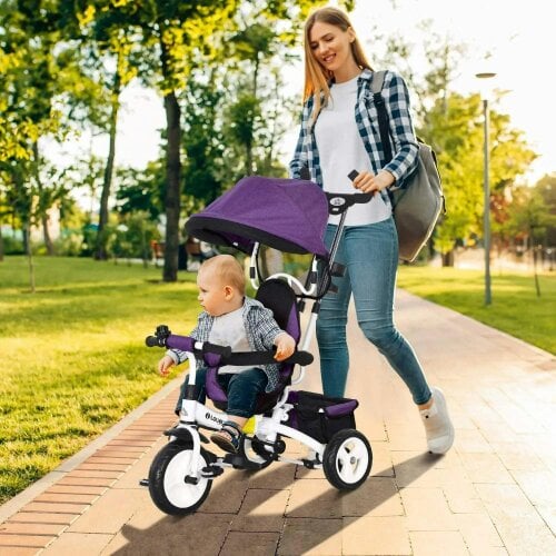 Bobobiy 6 in 1 Kids Trike Push Bike w/ Push Handle, Canopy, 5-point Safety Belt, Storage, Footrest, Brake, for 1-5 Years, Purple