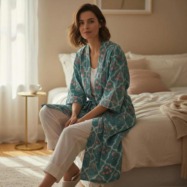 Hayley & Co Teal Ditsy Floral Print 100% Cotton Block Print Dressing Gown