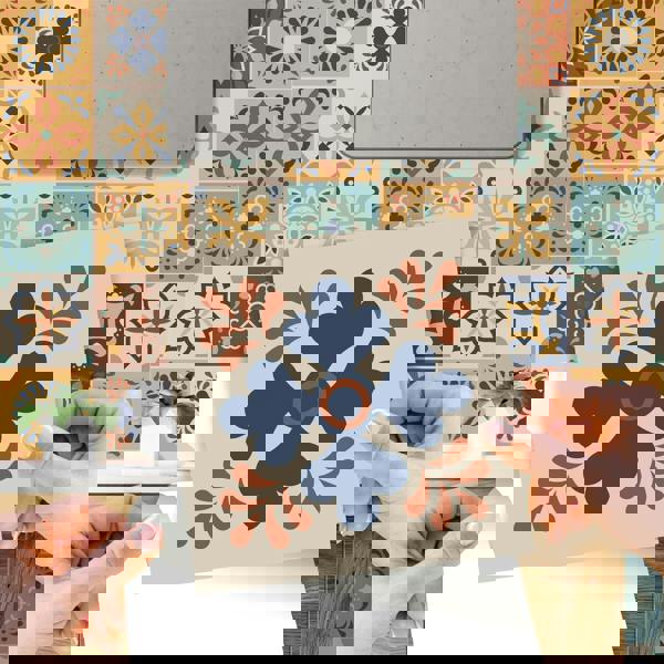 WT1561 - Jama Brown and Blue Moroccan Wall Tile Sticker Set - 15 cm x 15 cm - 24 pcs