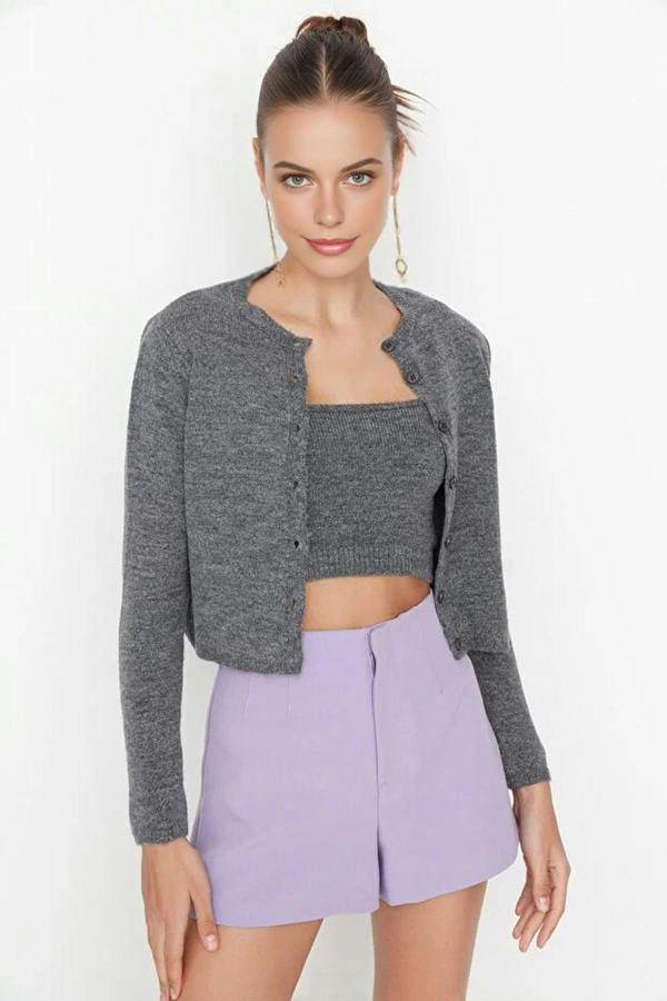 WOVCOR 2-Piece Crop Soft-Textured Knit Blouse-Cardigan Set