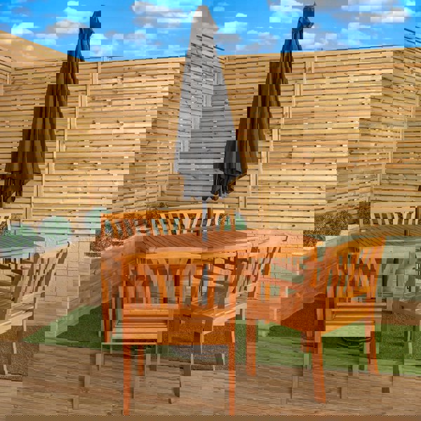 Samuel Alexander Outdoor 4 Person Rectangular Wooden Dining Table Chairs & Bench with Black Havana Parasol & Base