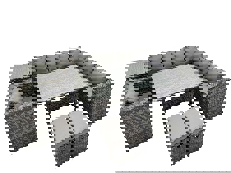 Fimous Rattan Garden Furniture Set Outdoor 9 Seater Patio Dining Corner Sofa Sets with Dining Table Chair 2 Small Stools Dark Grey Mixed