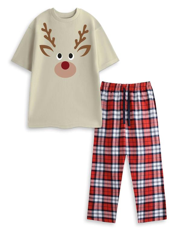 Show Me The Merch Unisex Beige Reindeer Short Sleeve Long Leg Pyjama Set