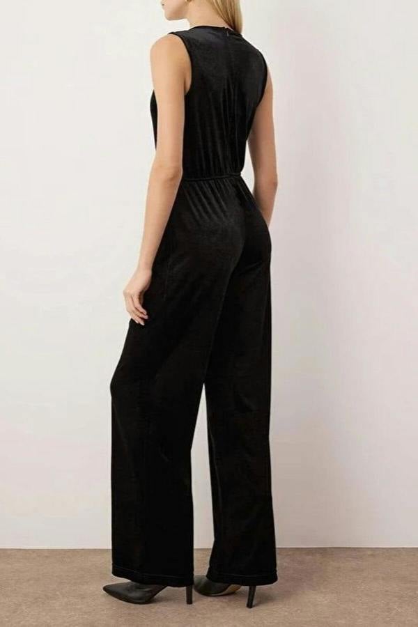 WOVCOR V-Neck Velvet Regular Wide Leg Knit Jumpsuit