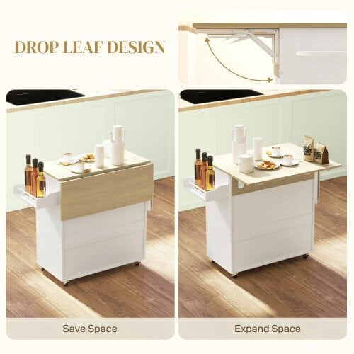 Wyld Haus Seto Wooden White Rolling Kitchen Island With Drop Leaf Drawer Spice Rack And Towel Rail
