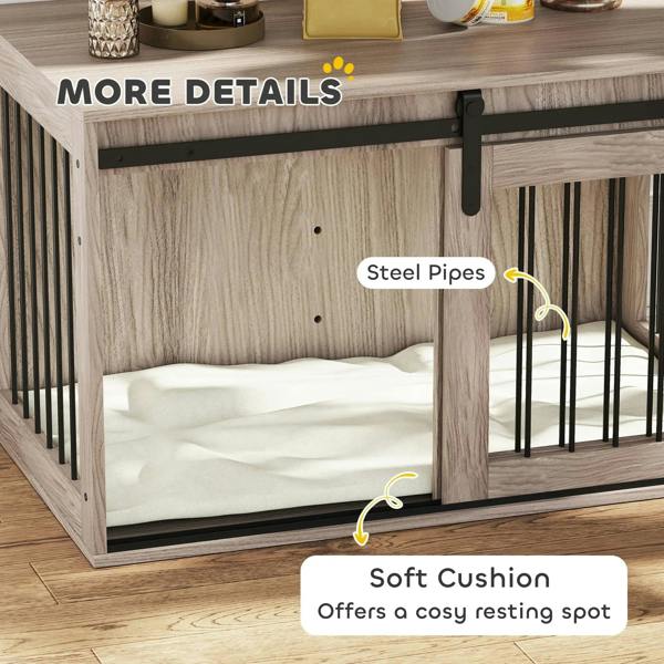 Brown dog crate interior with white cushioned bed and steel pipe bars