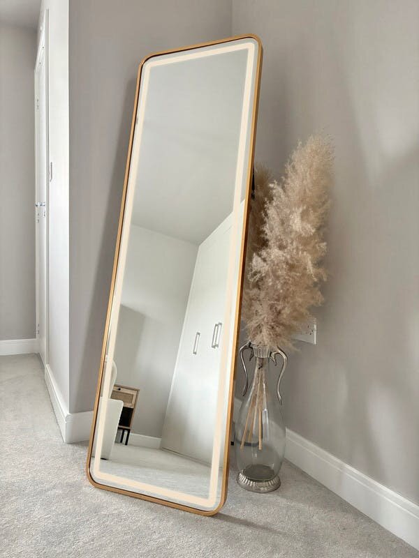 Downton Interiors Stunning Gold Rectangular Metal Frame LED Wall or Floor Standing Dressing Mirror 145cm x 45cm - Soho Collection