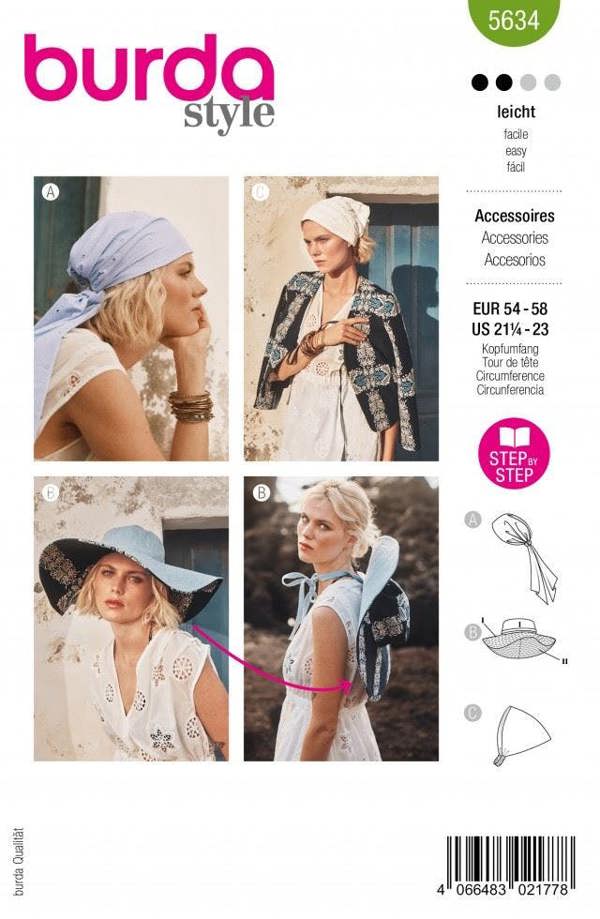 Burda Sewing Pattern 5634 Headwear For Women, 54 - 58cm - Easy