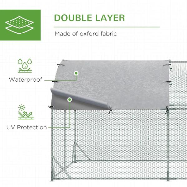 Water-resistant fabric cover for galvanised chicken run, attached with metal clips