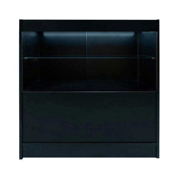 Sleek black LED retail shop counter C900 with a glass shelf and illuminated display area, perfect for showcasing products