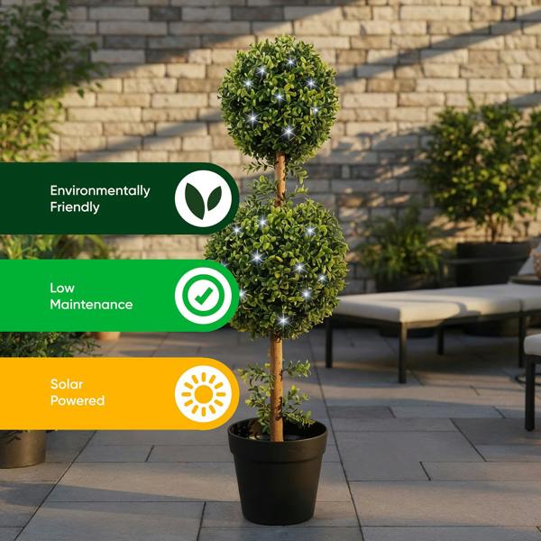 Gardenwize Solar Faux Plant – Double Bay Ball Tree in Pot with 100 LED Lights