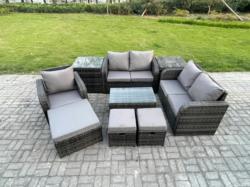 Fimous 8 Seater High Back Rattan Set, Loveseat Sofa, Coffee Table, 3 Footstools and 2 Side Tables, Indoor Outdoor Patio Lounge, Dark Grey Mixed