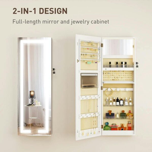 LED Mirror Jewellery Cabinet, Wall Mounted Full Length Mirror with Storage, Lockable Jewellery Organiser, White