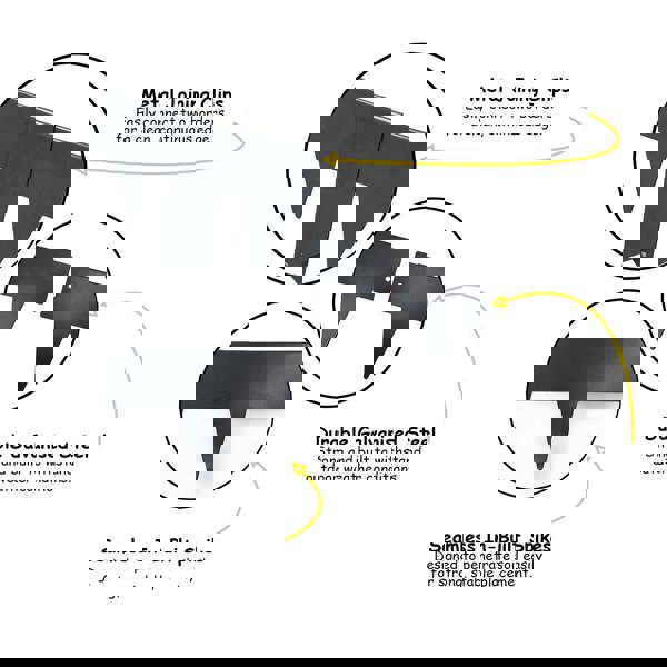 Grey 15cm high metal border with text describing features like metal joining clips, durable steel, and built-in spikes.