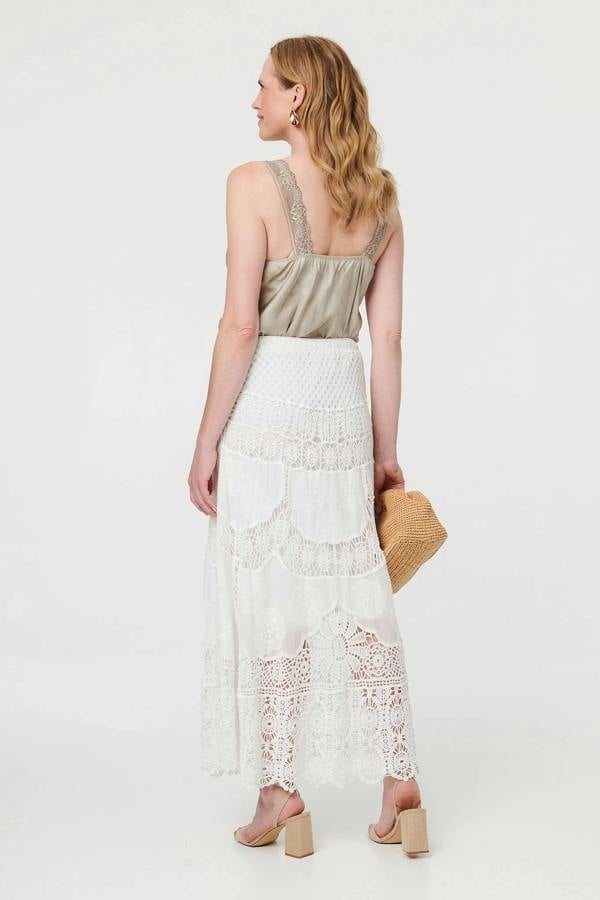 White | Crochet Textured High Waist Maxi Skirt