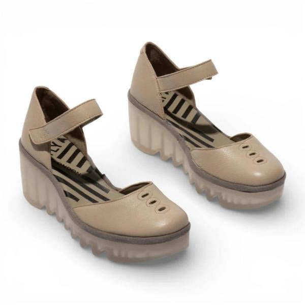 Fly London BISO305FLY - Women’s Taupe Leather Wedge Sandals