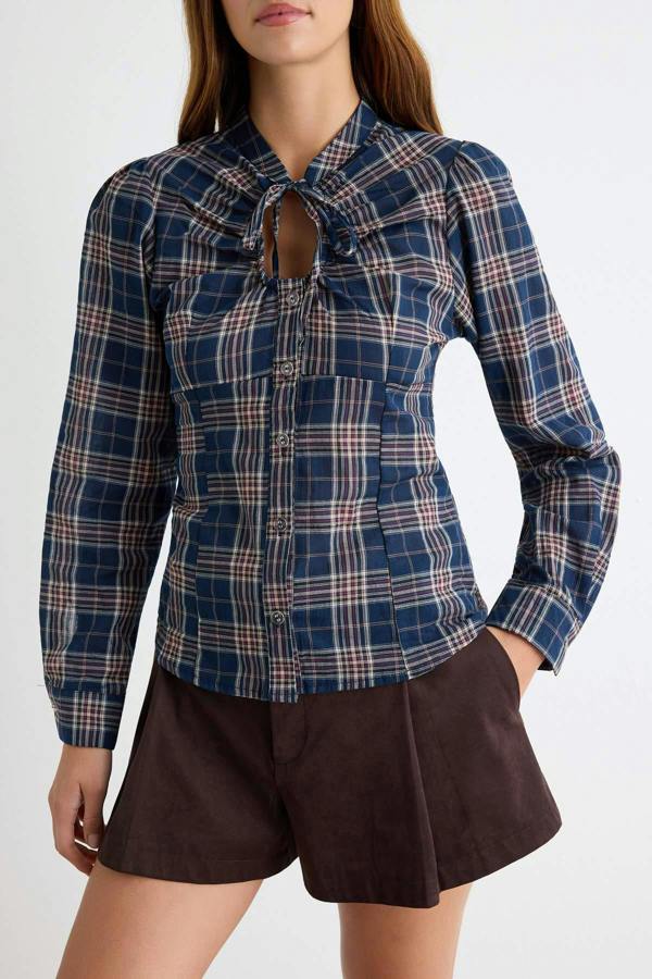 WOVCOR Tie Neck Long Sleeve Oversized Shirt