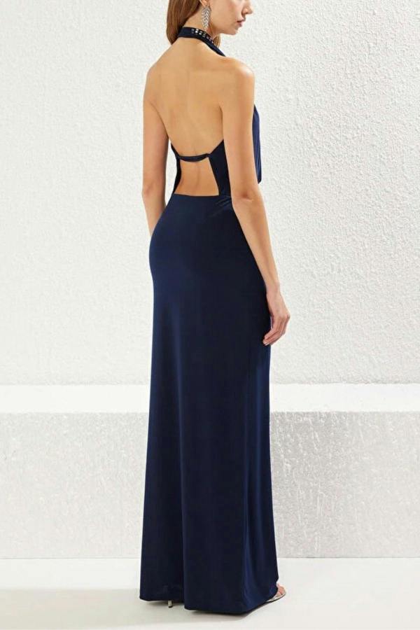 WOVCOR Cowl Neck Evening Dress with Shiny Stone Detail