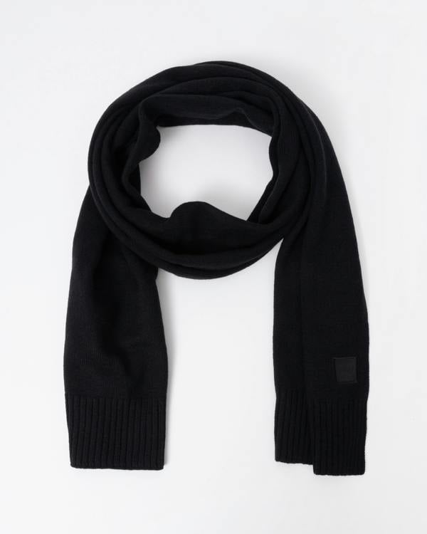 Flat lay of BOSS Orange Akaio R Mens plain-knit scarf with woven logo badge - Black 001