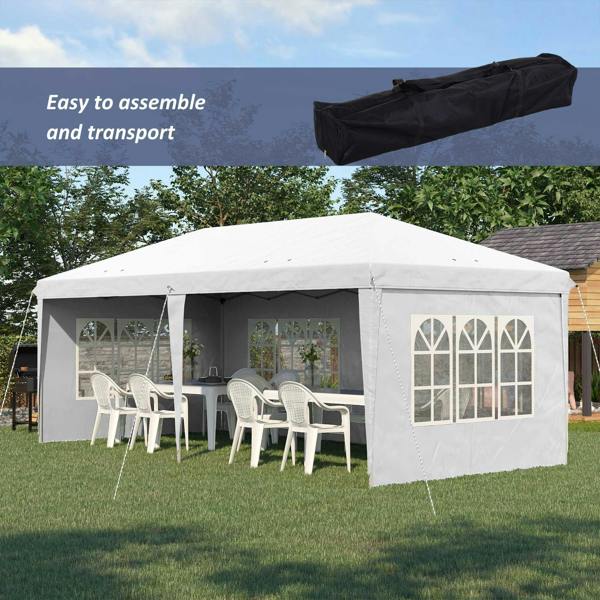 White pop-up party gazebo with sidewalls, window panels, and open entry