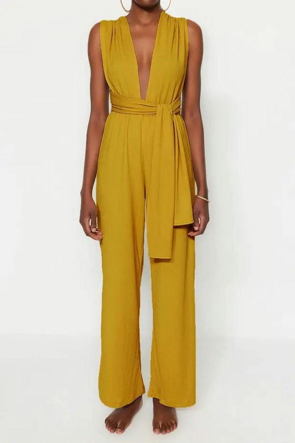 WOVCOR Woven Slit Maxi Beach Jumpsuit
