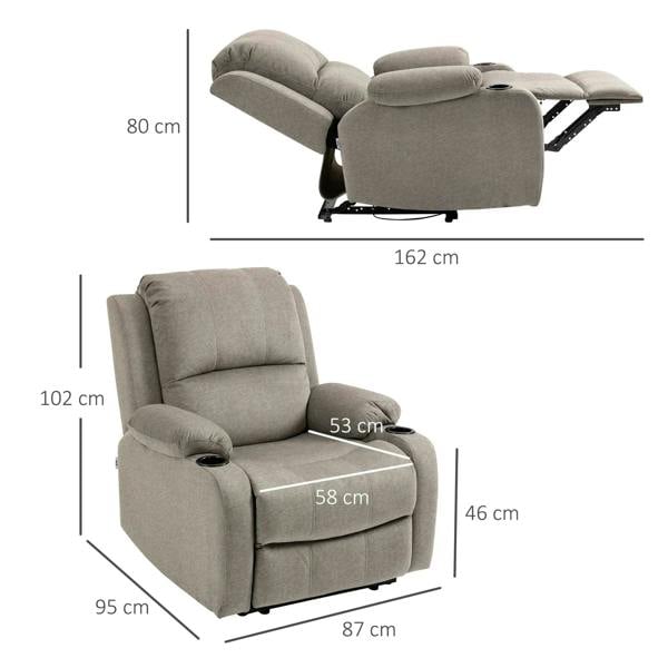 Light gray manual recliner chair with adjustable leg rest and cup holders