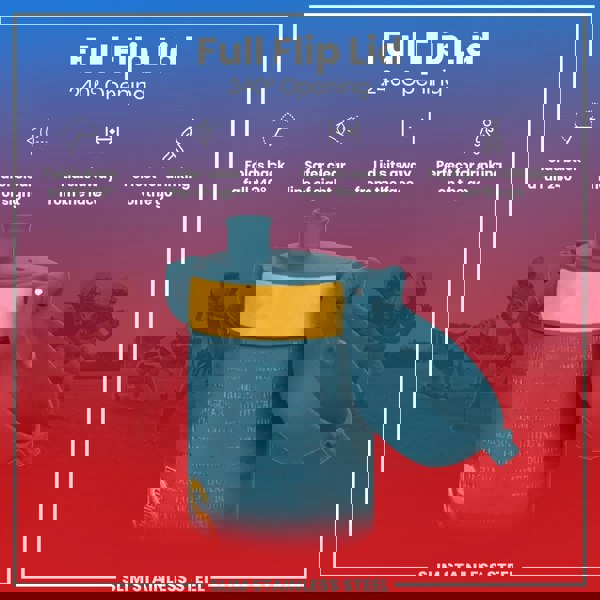 A teal water bottle with a yellow band and a full flip lid, opening 240 degrees, is shown against a backdrop of blurred American football players. The lid folds back and away from the face for convenient drinking. "Full Flip Lid," "240° Opening," "Slim Stainless Steel" are also present.