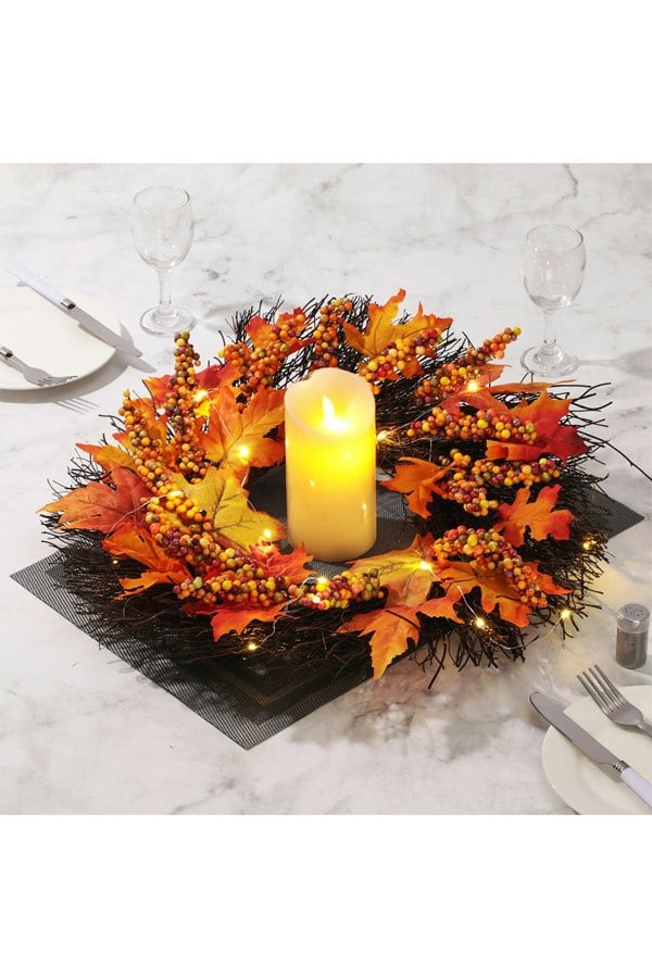 Living and Home 45cm Artificial Fall Wreath for Front Door with Hook & Light Maple Leaf Berry Rattan Ring Wreath