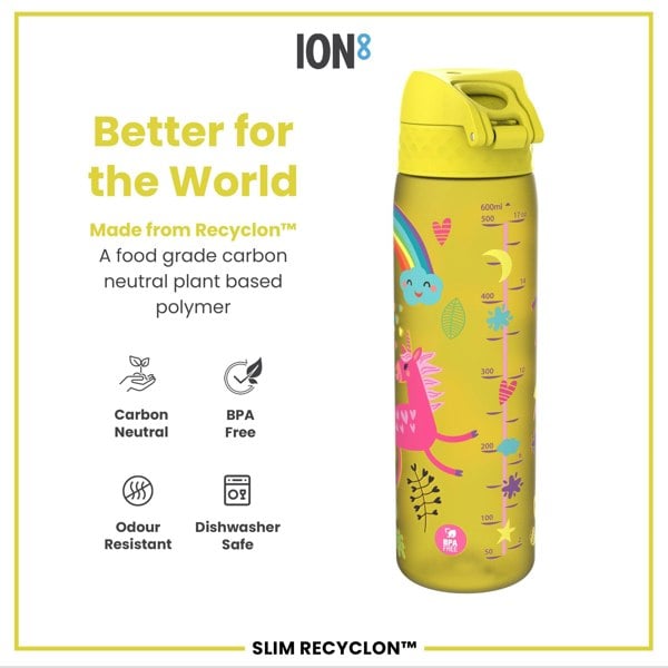 ION8 Leak Proof Slim Water Bottle, Recyclon, Yellow Unicorns, 500ml (18oz)