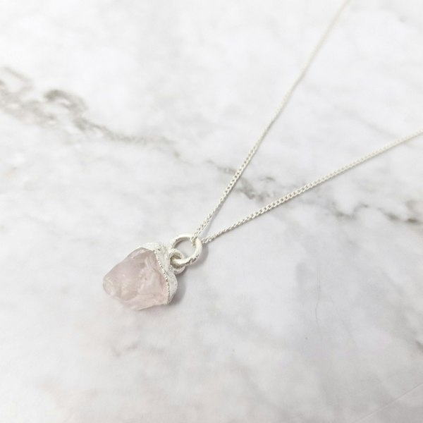 Raw Rose Quartz October Birthstone Sterling Silver Necklace