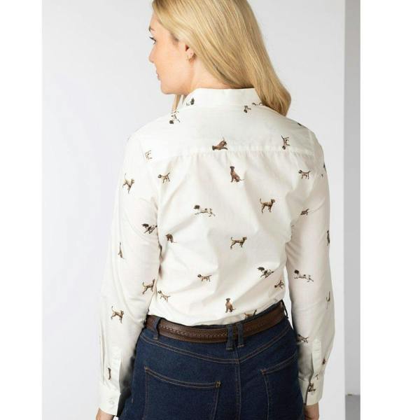 Back view of the Rydale Ladies Wistow Country Dogs printed shirt showing the all-over country dog pattern, curved hem and tailored fit.