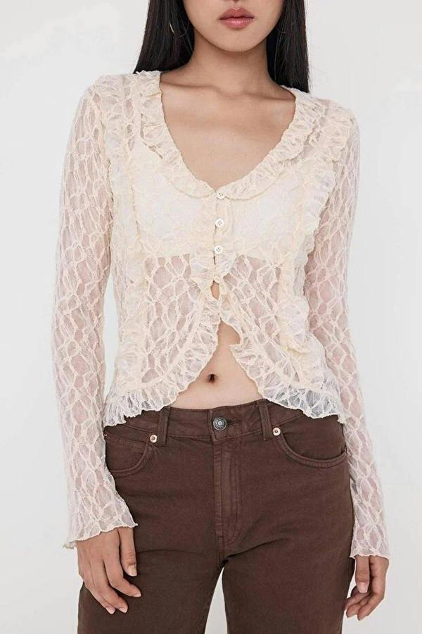 WOVCOR Flare Sleeve Knit Blouse with Ruffle & Lace Detail