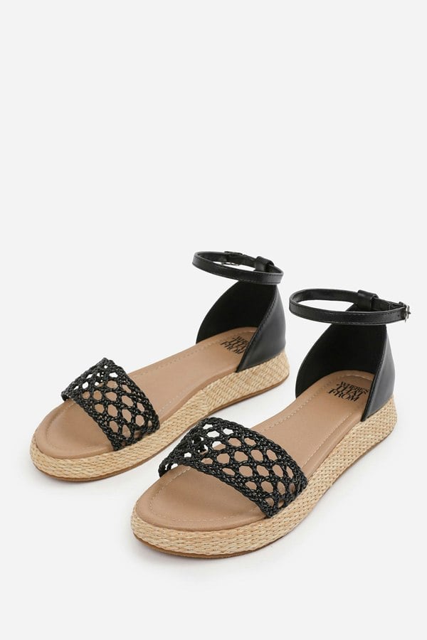 Where's That From Shia Braided Strap Espadrille Flatform  With Buckle Ankle Strap in Black Faux Leather