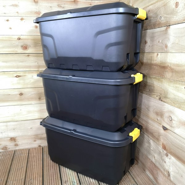 Samuel Alexander 3 x 75L Heavy Duty Trunks on Wheels Sturdy, Lockable, Stackable and Nestable Design Storage Chest with Clips in Black