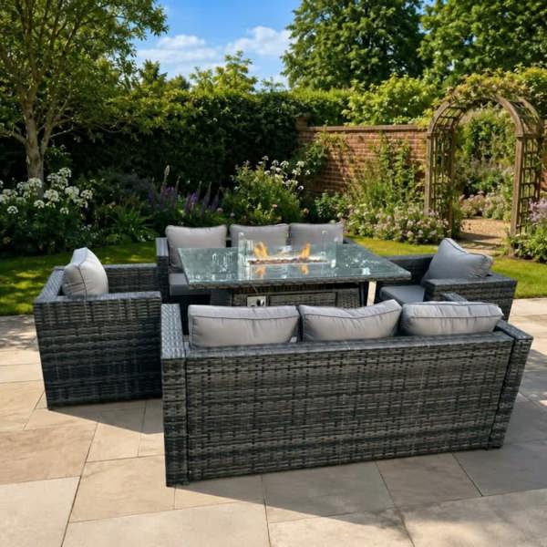 Fimous 8 Seater Rattan Outdoor Lounge & Dining Set with Gas Fire Pit Table, 2 Sofas & 2 Chairs - Dark Grey