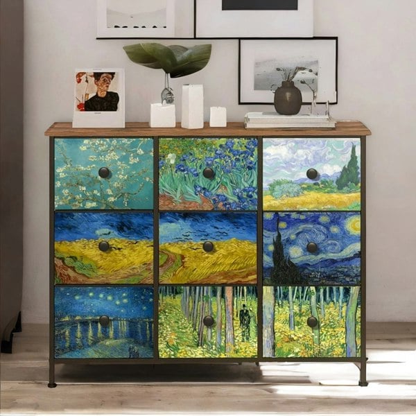Rafaelo Mobilia 9 Fabric Drawer Bedroom Dresser With Abstract Patterns Storage Organiser Rustic Brown