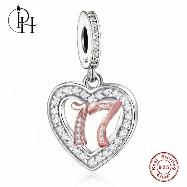 Parus Home 17th Birthday Charm Pandora Compatible 925 Sterling Silver Heart, Two Tone Dangle for Daughter