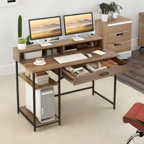 Rafaelo Mobilia Computer Desk With Monitor Stand, Shelves And Drawer Rustic Brown