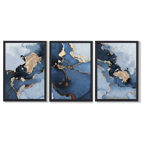 Artze Wall Art Framed Set of 3 Abstract Art Prints of Paintings Navy Blue and Gold