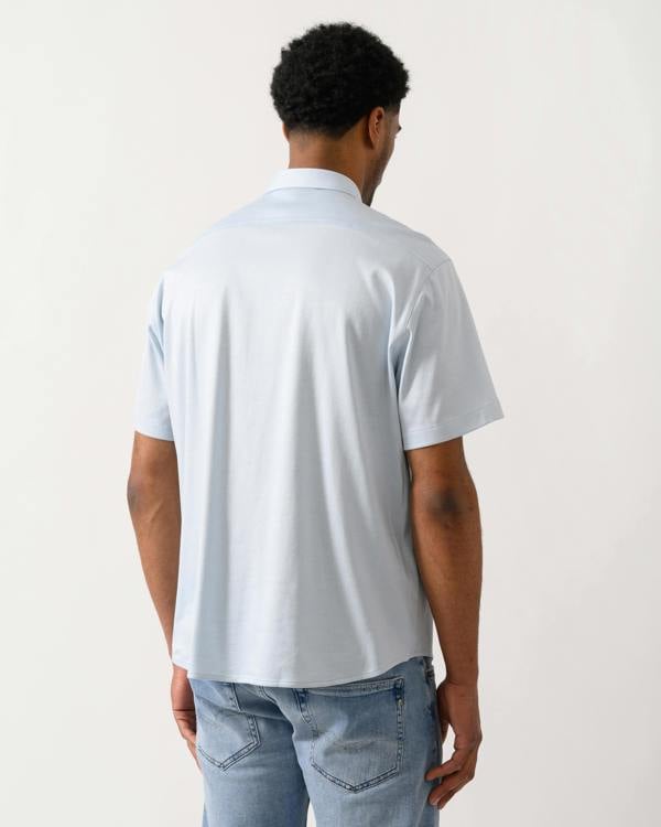 back shot of a model wearing a BOSS Green ST_Motion Mens Short Sleeve Shirt in Open Blue 460