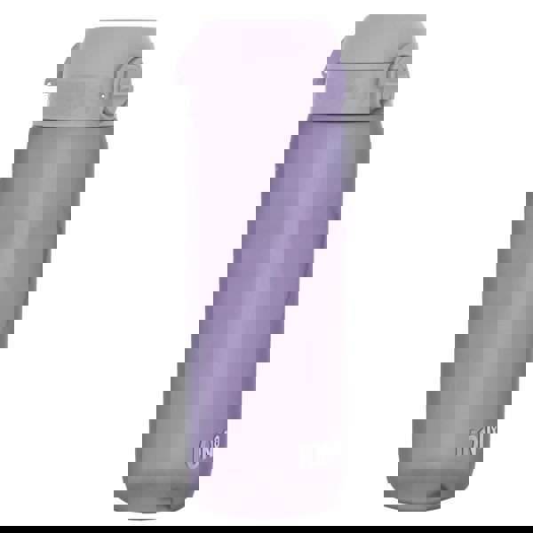 A lavender plastic water bottle stands upright against a white background. The bottle has a flip-top lid and the logo “ION8” is printed near its base.