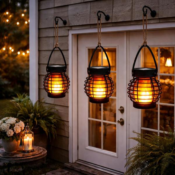 Gardenwize Pack of 3 Solar Hanging Lanterns – Mini Flame Effect LED Lights
