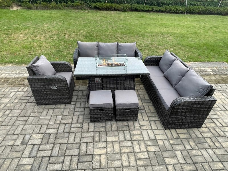 Fimous 9 Seater Wicker Rattan Garden Furniture Set Gas Fire Pit Dining Table Reclining Chair 3 Seater Sofa Set Indoor Outdoor with 2 Small Footstools
