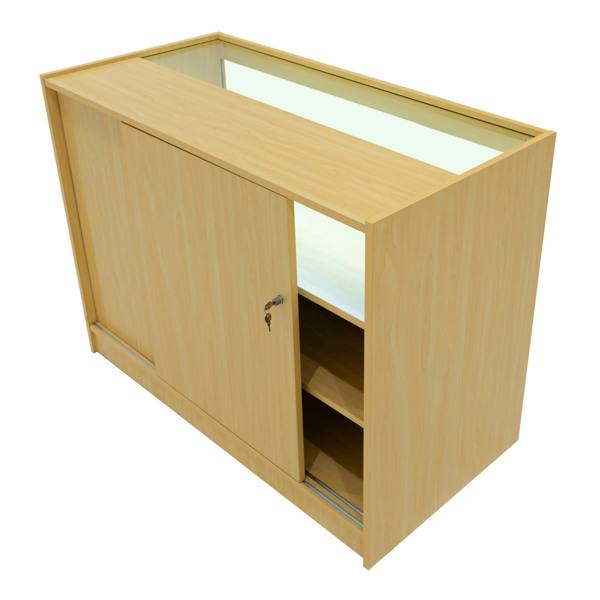 Gravity LED Shop Counter Set in maple finish, featuring a sliding door, glass top, and spacious interior shelves for display and storage
